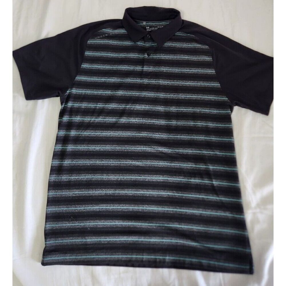 Under Armour Shirt Mens L Black Gray Loose Fit Short Sleeve Polo Golf Heat Gear